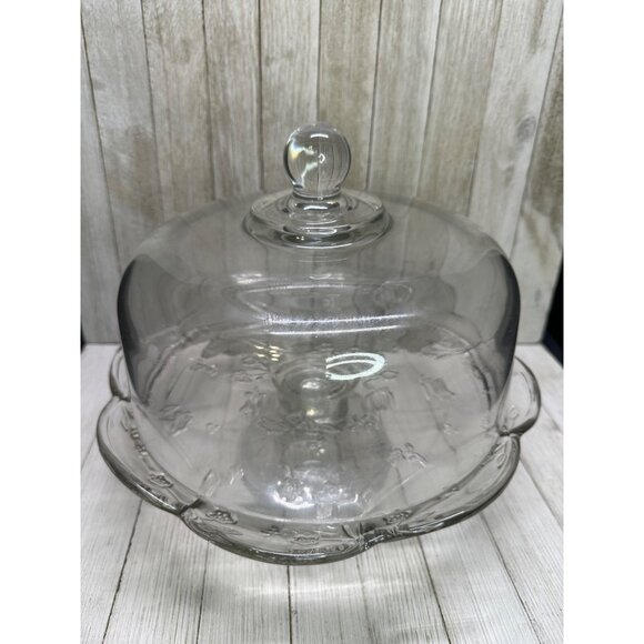 Vintage Glass Cake Pie Pedastal Plate with Cover Floral Decor 11